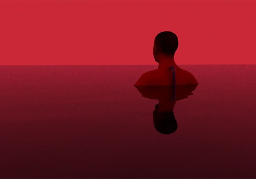 A computer-generated image of a person shoulder-deep in water.  The lighting and water are dark red.