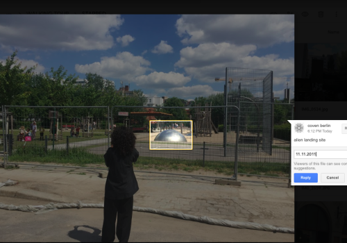 Image of Lorena Juan all in black facing a playground with an odd large silver dome sticking out of it.  The dome is highlighted and captioned 