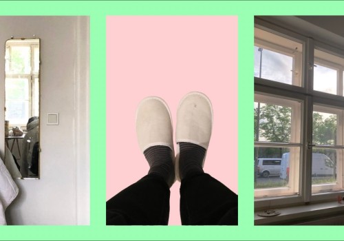 Three images on a green background.  The first is of a mirror on a white wall.  the second are feet in white slippers on a pink floor.  The third is out of a window at green trees.