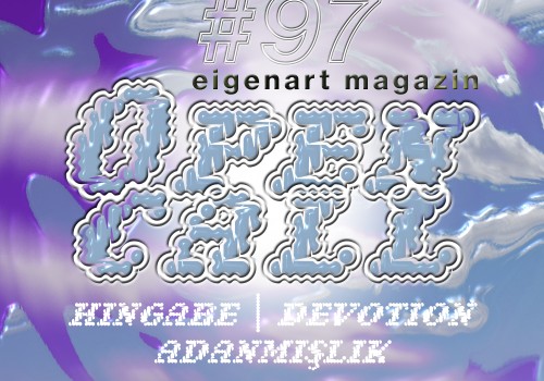 Image of puffy blue and white text saying OPEN CALL HINGABE DEVOTION ADANMISLIK on a serene, pastel purple and bluesky background