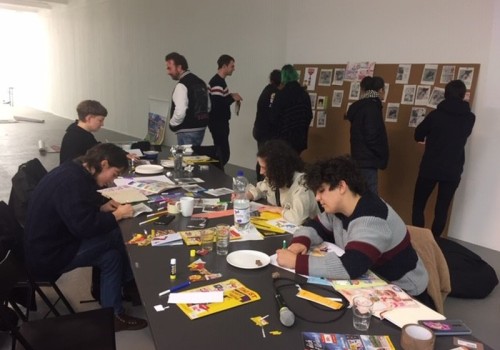 Many people make collages on a large work table and hang them up on the wall, looking at them.