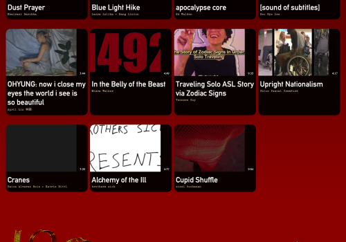 Screenshot of a website with thumbnails of multiple videos on it.  The website is red with yellow ribbons.