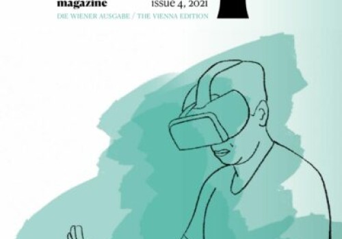 The cover of Crip Magazine 4.  There is an illustration of a person wearing a VR headset and looking at a prosthetic metal hand.