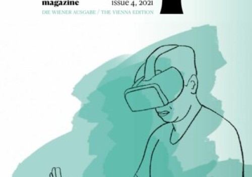 The cover of Crip Magazine 4.  There is an illustration of a person wearing a VR headset and looking at a prosthetic metal hand.