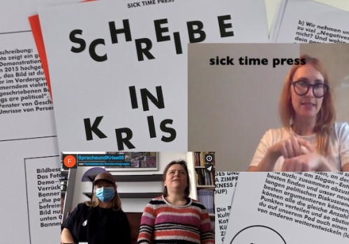 A collage. An image of two people facing the camera wearing masks, a person performing sign language interpretation with their hands, and images of printed text, one which reads 