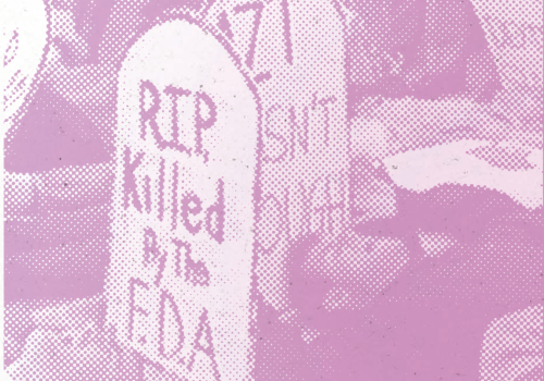 A heavily edited, grainy pink image of people lying on the ground with handmade paper headstones reading 