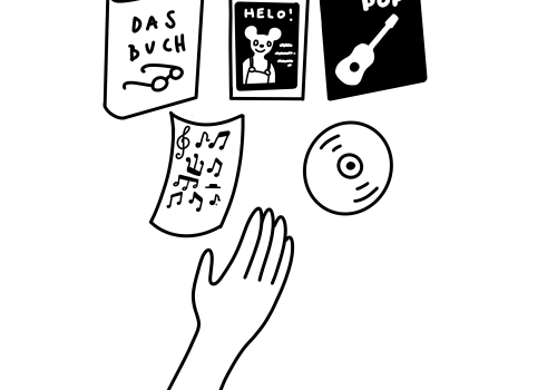 Illustration of a hand reaching towards a book, a CD, a magazine, sheet music, and album notes